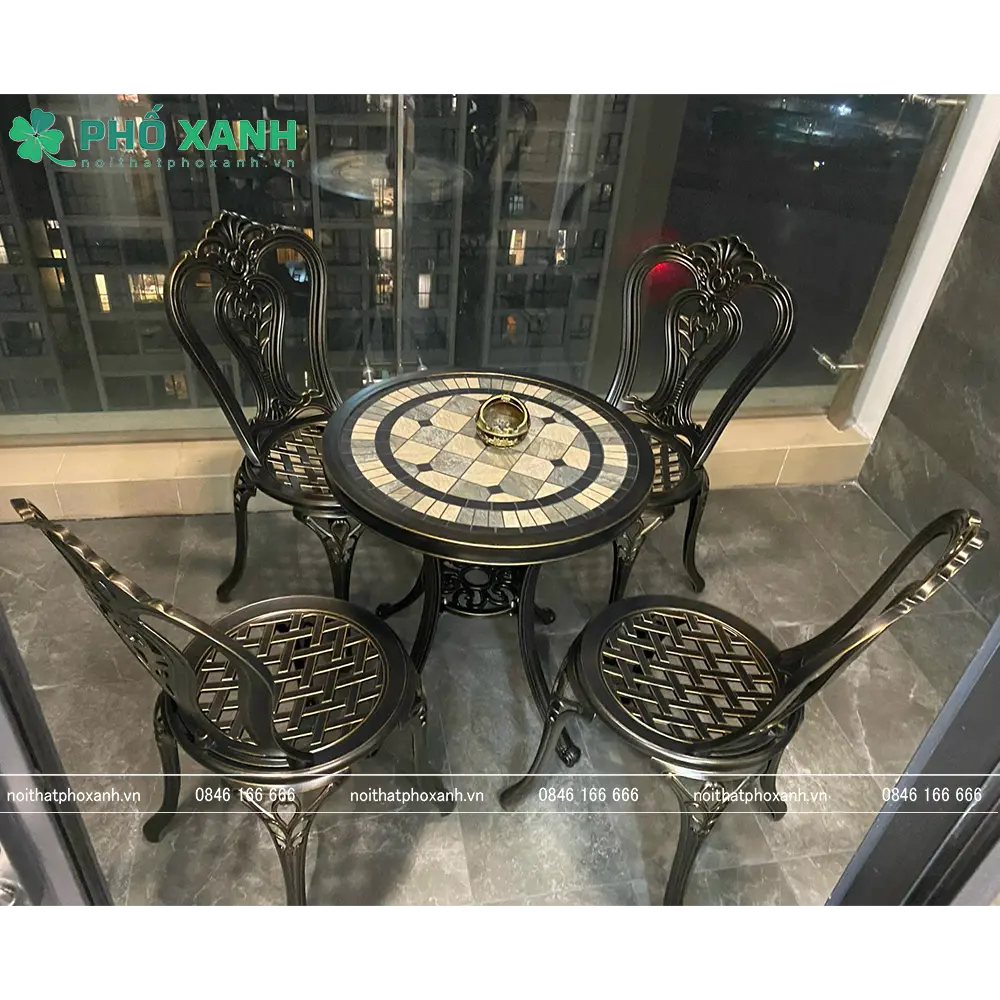 Bộ bàn ghế nhôm đúc nhỏ mặt đá ngoài trời, sân vườn, ban công BND-6070MDD
