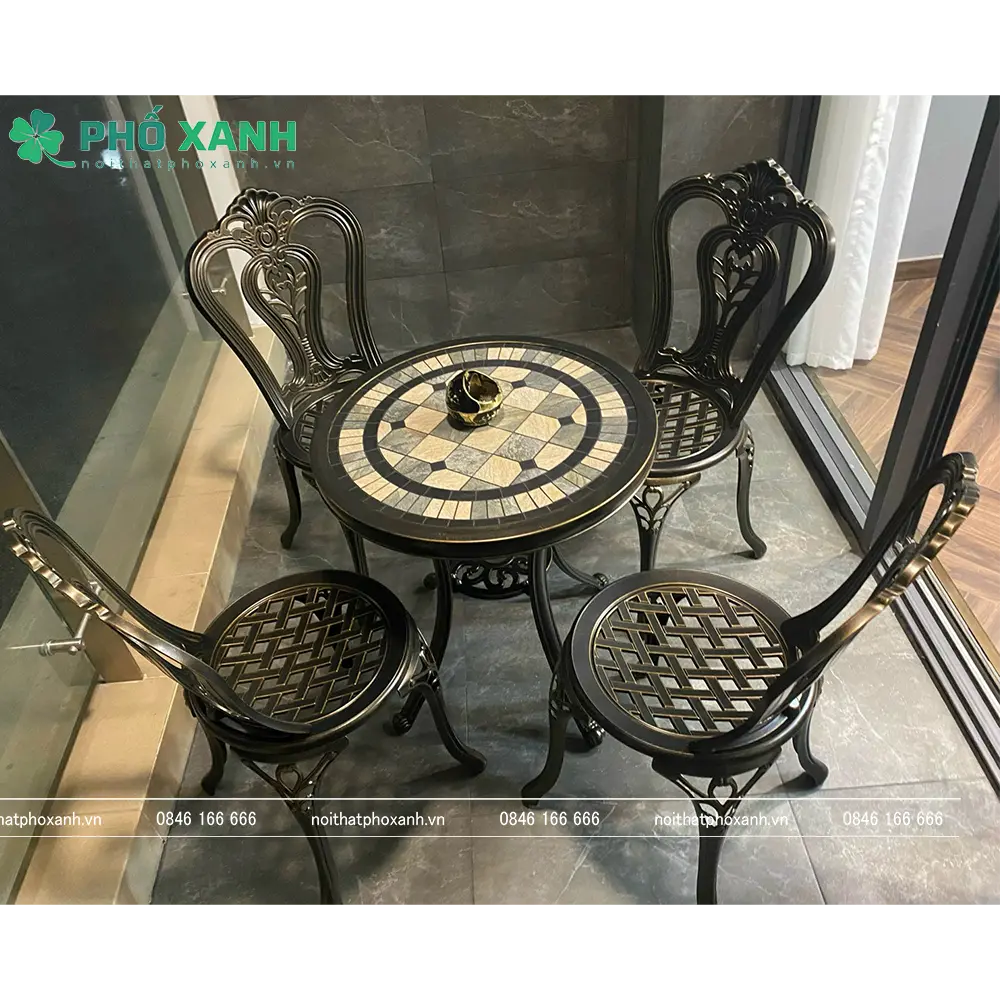 Bộ bàn ghế nhôm đúc nhỏ mặt đá ngoài trời, sân vườn, ban công BND-6070MDD