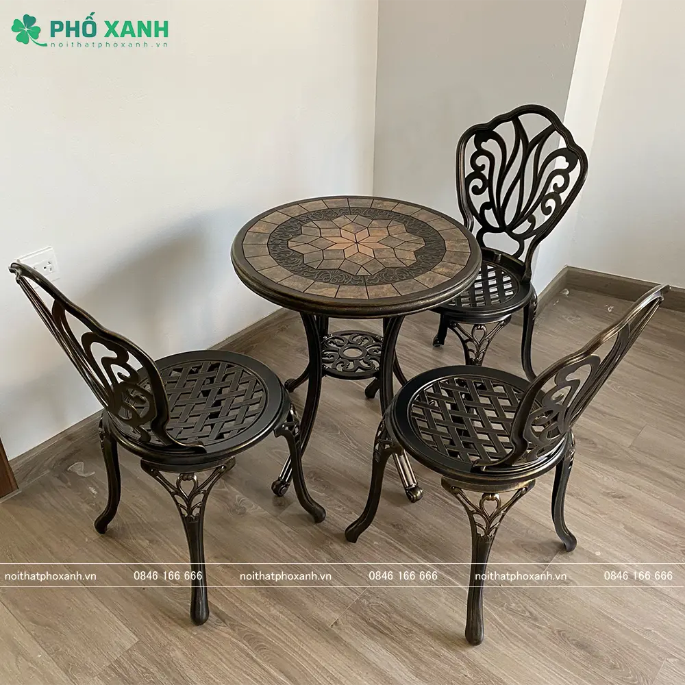 Bộ bàn ghế nhôm đúc nhỏ mặt đá ngoài trời