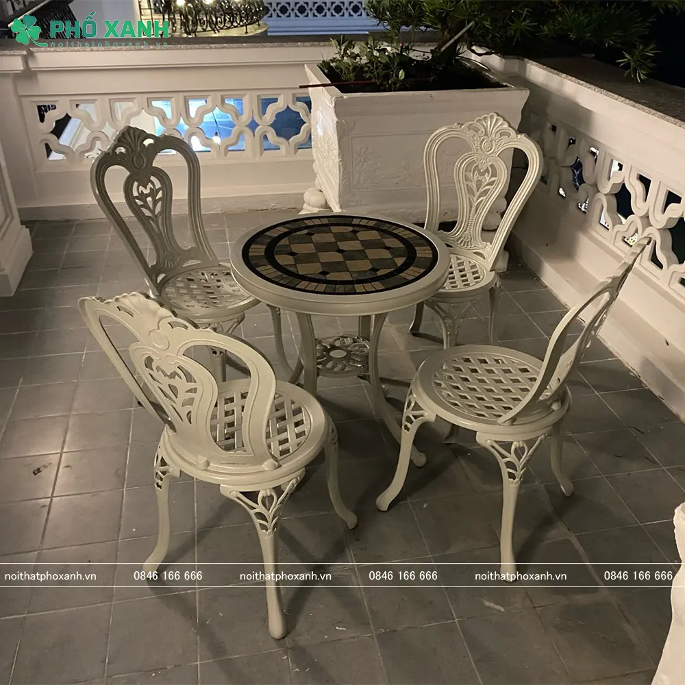 Bộ bàn ghế nhôm đúc nhỏ mặt đá ngoài trời, sân vườn