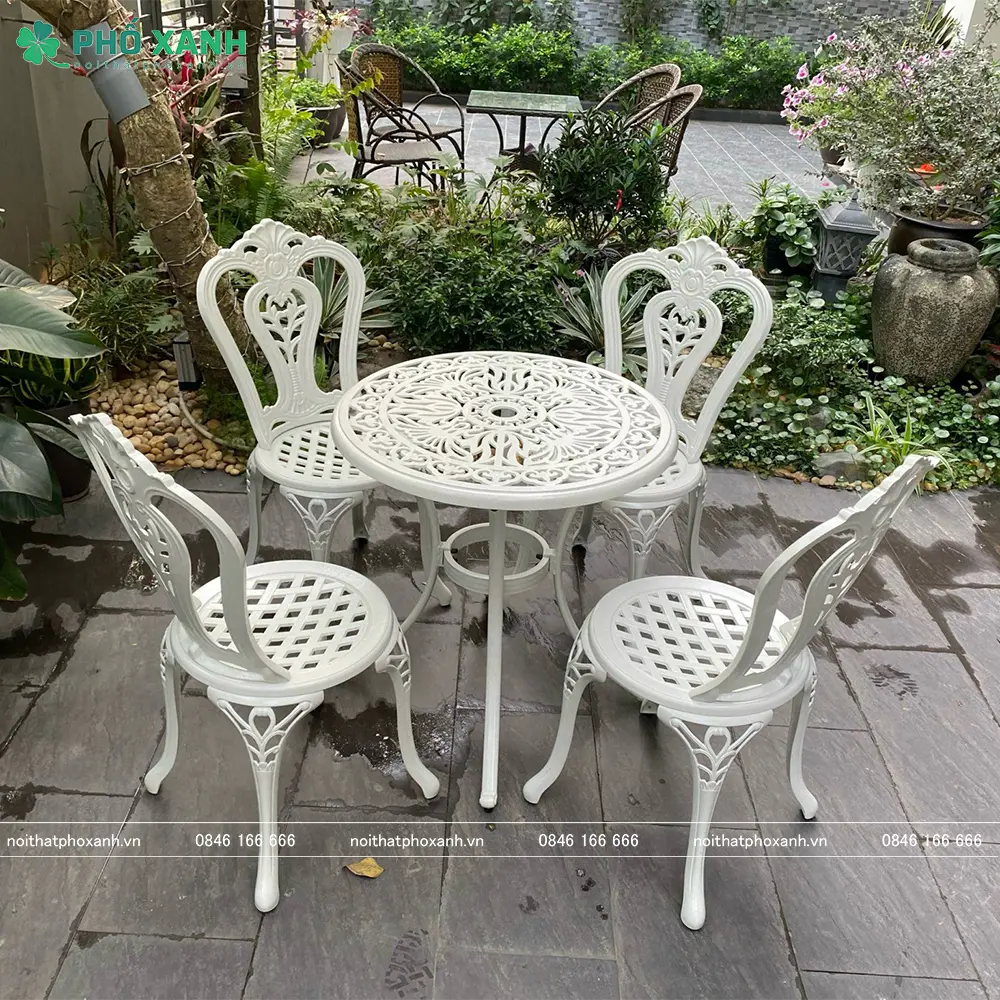 Bộ bàn ghế nhôm đúc  nhỏ ngoài trời, ban công màu trắng kem BND-6070TK