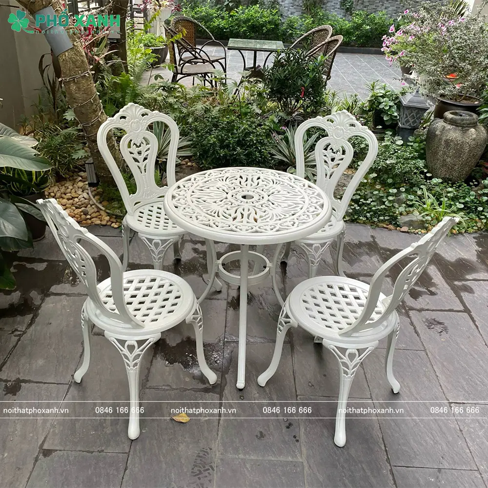 Bộ bàn ghế nhôm đúc  nhỏ ngoài trời, ban công màu trắng kem BND-6070TK