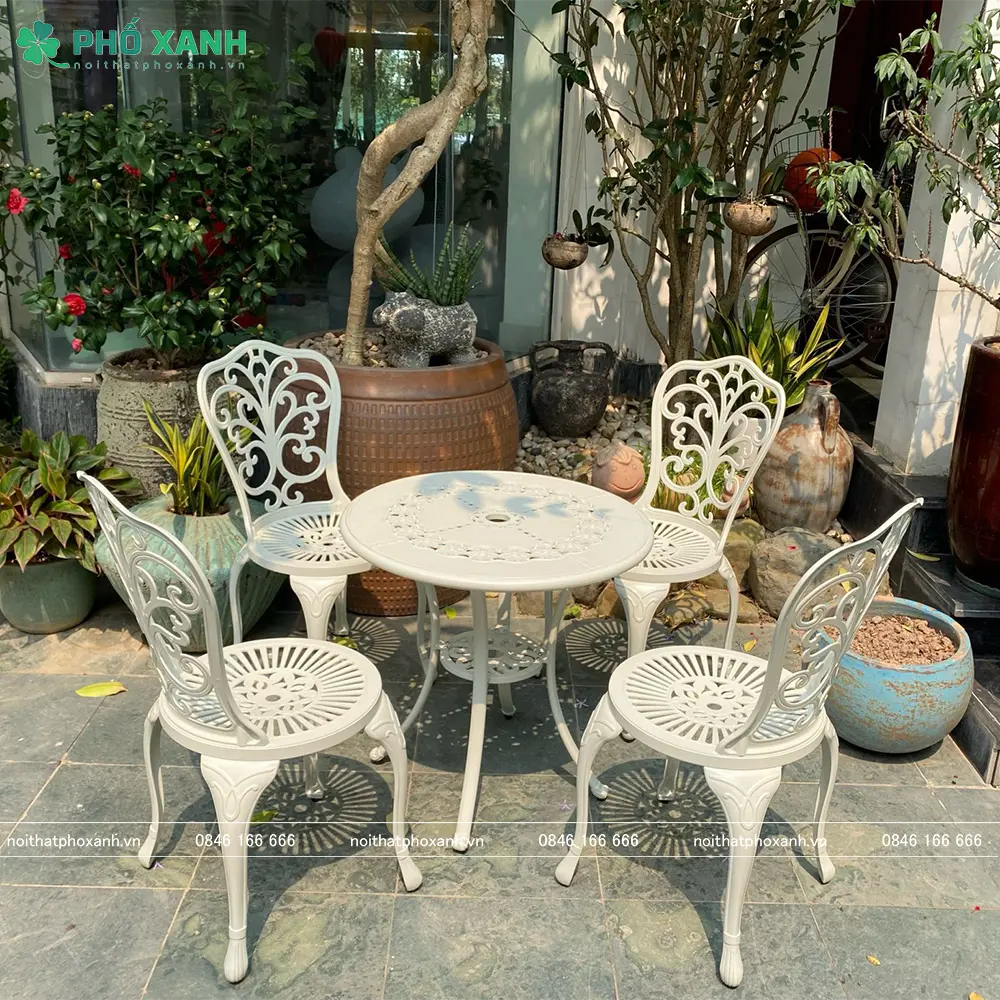 Bộ bàn ghế nhôm đúc  nhỏ ngoài trời, ban công màu trắng kem BND-6070TK