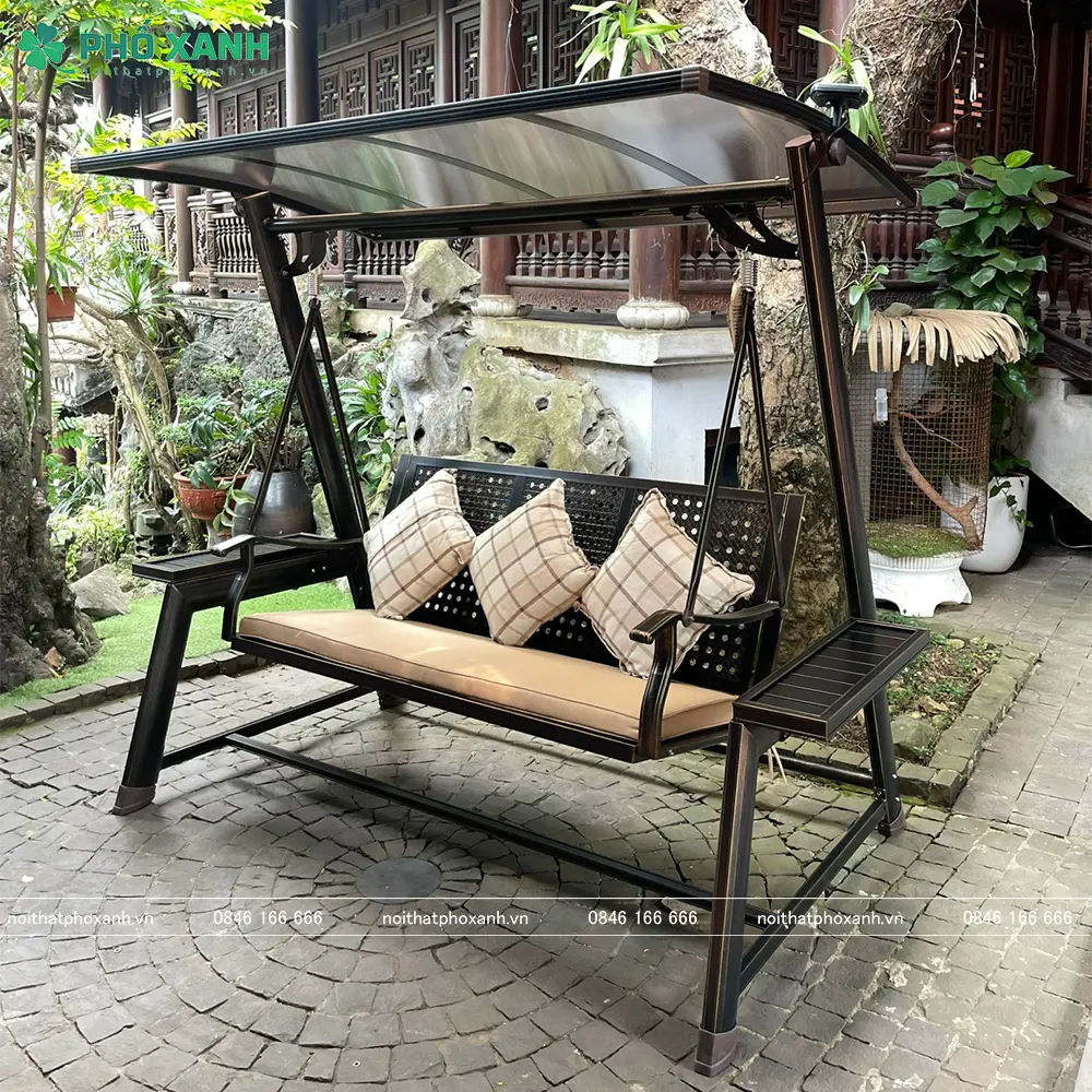 Xích đu ngoài trời nhập khẩu ba chỗ hợp kim nhôm có mái che năng lượng mặt trời XDNK-3C