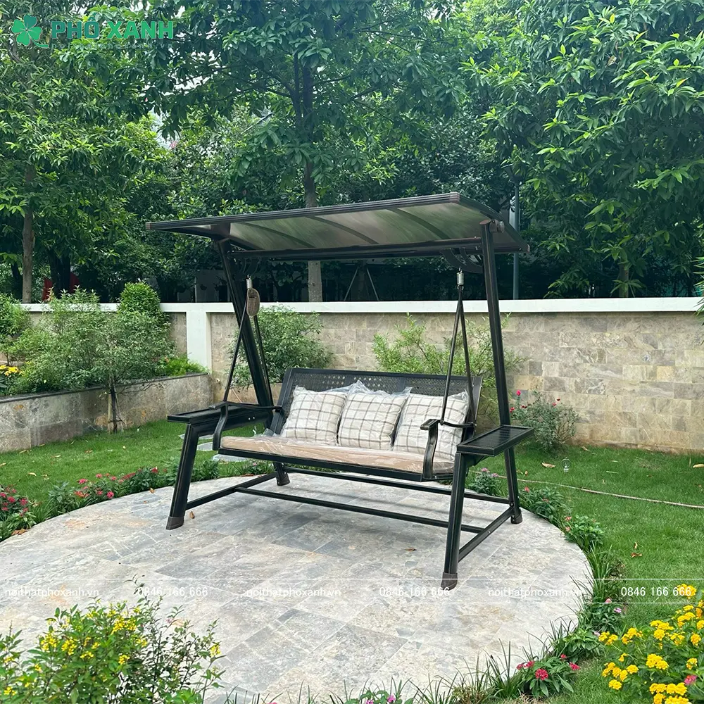 Xích đu ngoài trời nhập khẩu ba chỗ hợp kim nhôm có mái che năng lượng mặt trời XDNK-3C