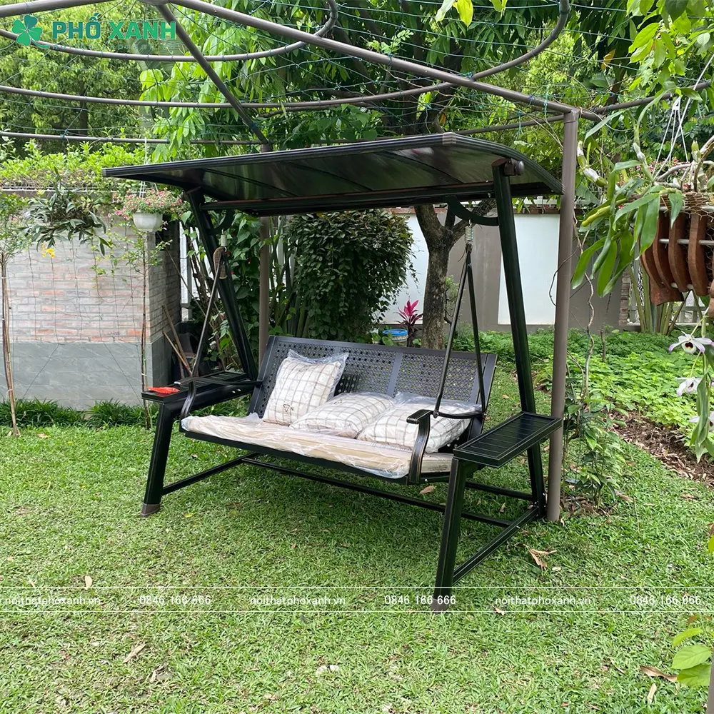 Xích đu ngoài trời nhập khẩu ba chỗ hợp kim nhôm có mái che năng lượng mặt trời XDNK-3C