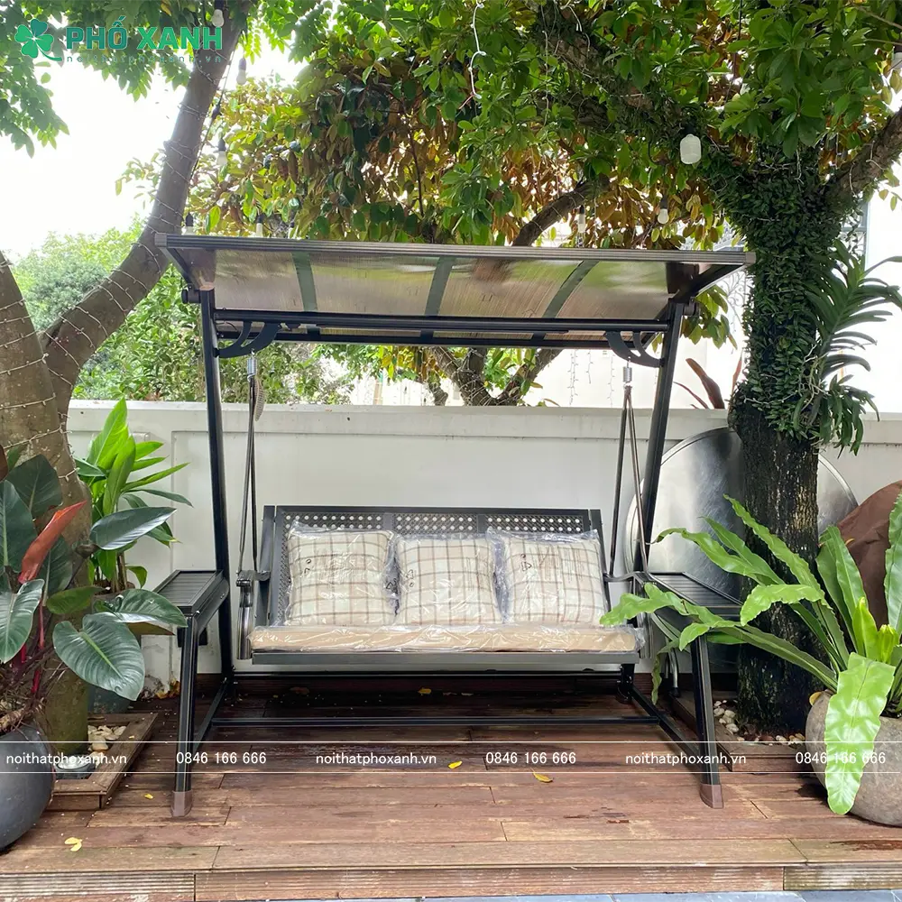 Xích đu ngoài trời nhập khẩu ba chỗ hợp kim nhôm có mái che năng lượng mặt trời XDNK-3C