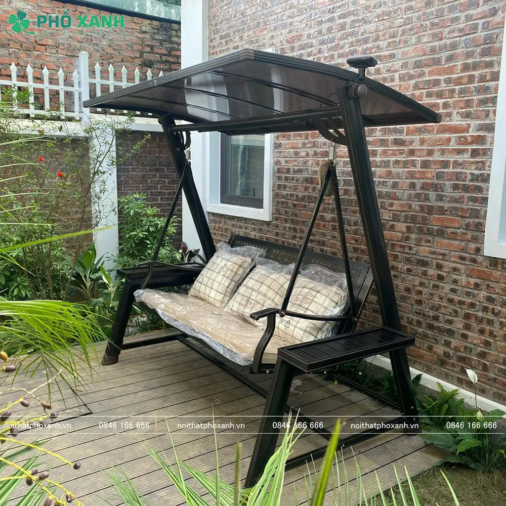 Xích đu ngoài trời nhập khẩu ba chỗ hợp kim nhôm có mái che năng lượng mặt trời XDNK-3C